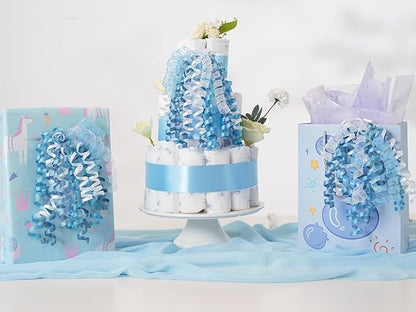 HUIHUANG Blue Bows for Gift Wrapping Blue and White Curly Bows with Self Adhesive & Twist Tie, 7 inch Gift Bow for Presents, Gift Basket, Baby Shower, Christmas Decor, Party Favors- 6 Counts