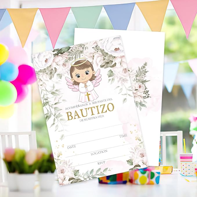 AEHIE 20 Sets Bautizo Baptism Baby Shower Party Shaped Fill-In Invitations With Envelopes, Pink Floral Angel Gold Cross Invitations Cards for Girls, Christening First Holy Communion Party Invites