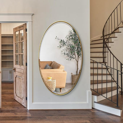 POZINO Beveled Oval Mirror, 28"x48" Brushed Gold Bathroom Mirror with Stainless Steel Frame, Modern Accent Wall Mirrors for Entryway Bedroom Hallway Living Room, Hangs Vertically or Horizontally