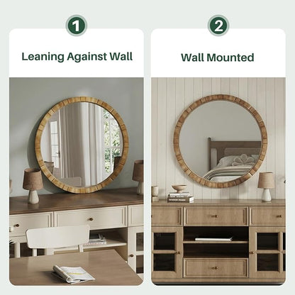 Wood Round Wall Mirror - 31.5" Farmhouse Rustic Wall Decorative Mirrors, Wooden Circle Boho Accent Mirror for Living Room, Bedroom, Bathroom, Hallway, Fireplace, (Natural)
