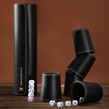 Leather Dice Cup Set, 5 Black Leather Dice Cups + 25 Dice + Exclusive Storage and Transport Case Made of Faux Leather