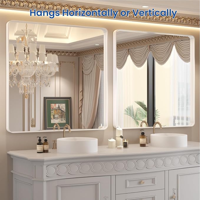 WEER White Bathroom Mirror 36X36 Inch, Rounded Rectangle White Metal Frame Mirror, Matte White Bathroom Vanity Mirror with Tempered Glass, Anti-Rust, Hangs Horizontally or Vertically