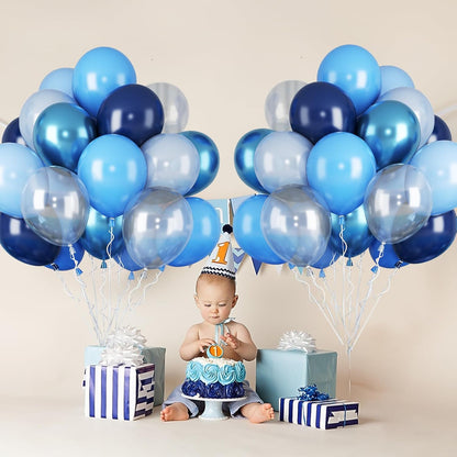 Blue Balloons for Ocean Shark Birthday Party Decorations Under the Sea Balloon Whale 60PCS 12INCH Metallic Pearl Navy Blue Pastel Blue Balloons for Arch Blue Transparent Latex Helium