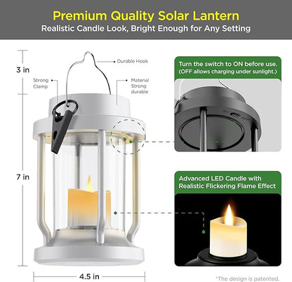 Solar Lantern Outdoor & Indoor Use – Hanging Solar Lights with Realistic Flickering Flameless Candle, Weatherproof for Gardens, Patios, Trees, and Lawns (White, 1 Pack)