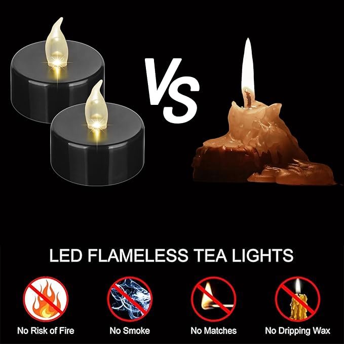 Nancia 24PACK Flameless LED Tea Lights Candles, Realistic and Bright Flickering Long Lasting 200Hours Battery-Powered, Ideal Party, Wedding, Birthday, Gifts Home Decoration Black