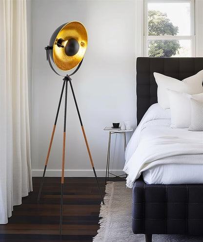 Kira Home Sulis 58" Modern Tripod Floor Lamp with Gold Foil Satellite Shade, Mid-Century Industrial Cinema Light with 9W LED Bulb and Leather Accents Legs, Black Finish