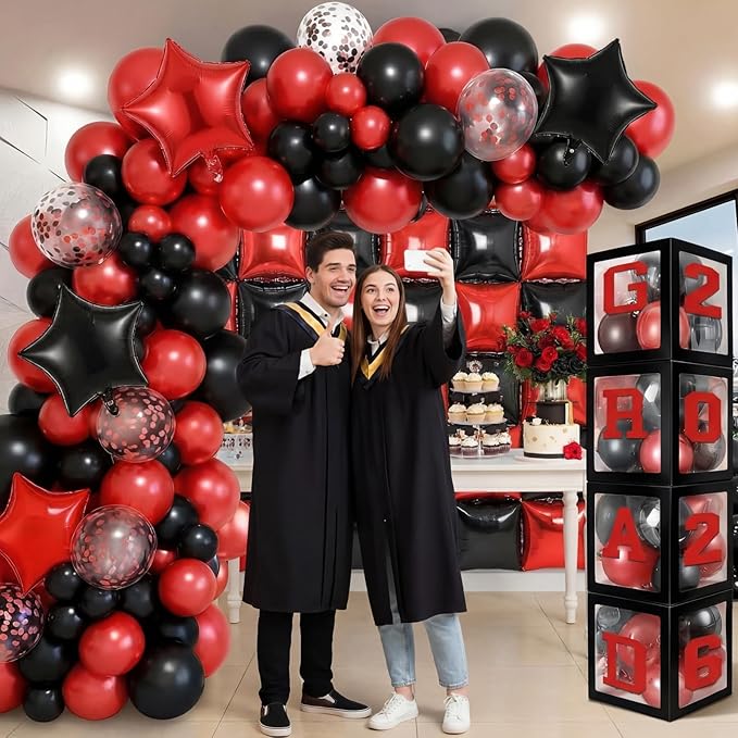 Seenelling Red Black 133 Pcs Graduation Decorations 2026 Set Red Black Balloons Boxes with Letters 2026 Grad Square Foil Balloons Complete Party Supplies for High School College Celebrations