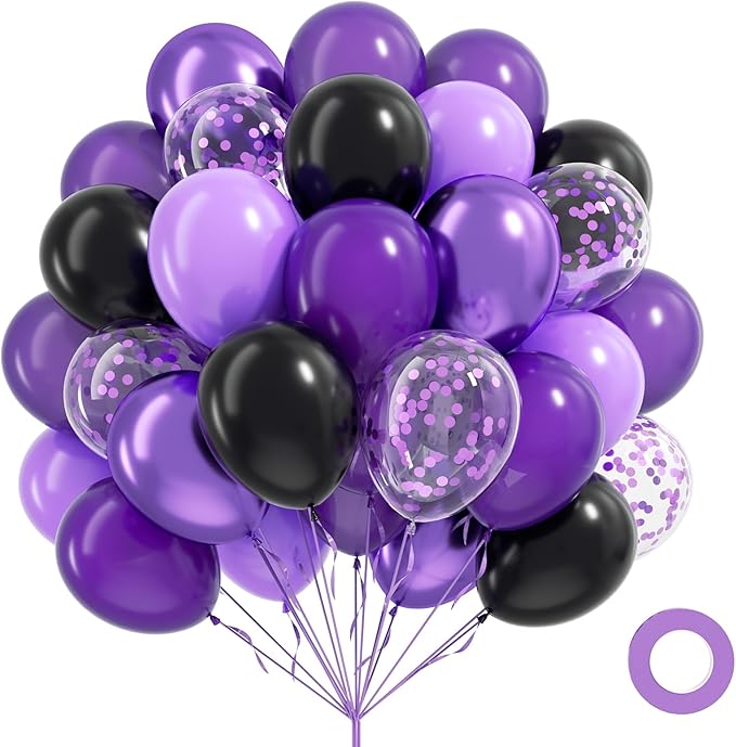 60pcs Purple and Black Balloons 12inch, Black Metallic Dark Purple Confetti Balloons for Birthday Party Decorations
