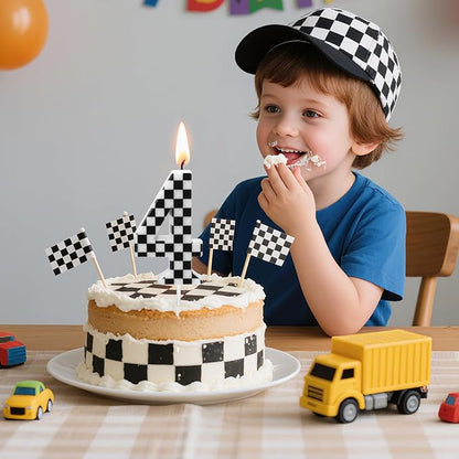 Racing Car Themed Birthday Candles, Number 4 Checkered Candles, Black & White Checkered Cake Decoration, Car Cake Topper for Party Decoration Theme Party Supplies
