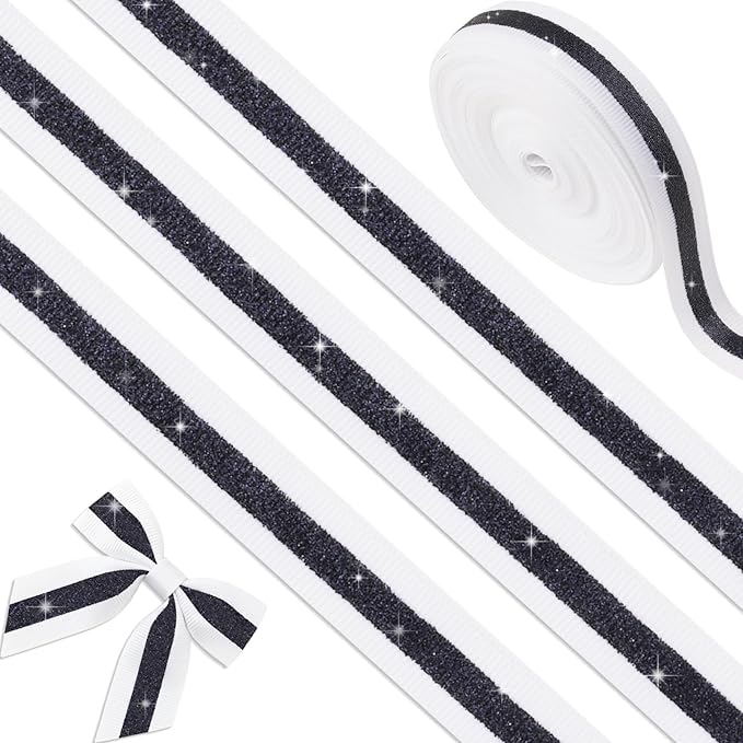 White Black Glitter Grosgrain Ribbon 5/8" x 10 Yards - No-Shed Cheer Ribbon for Cheerleading Hair Bows, Gift Wrapping, Homecoming Mum Supplies, Wedding Decorations Party Crafts Team Spirit