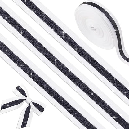 White Black Glitter Grosgrain Ribbon 5/8" x 10 Yards - No-Shed Cheer Ribbon for Cheerleading Hair Bows, Gift Wrapping, Homecoming Mum Supplies, Wedding Decorations Party Crafts Team Spirit