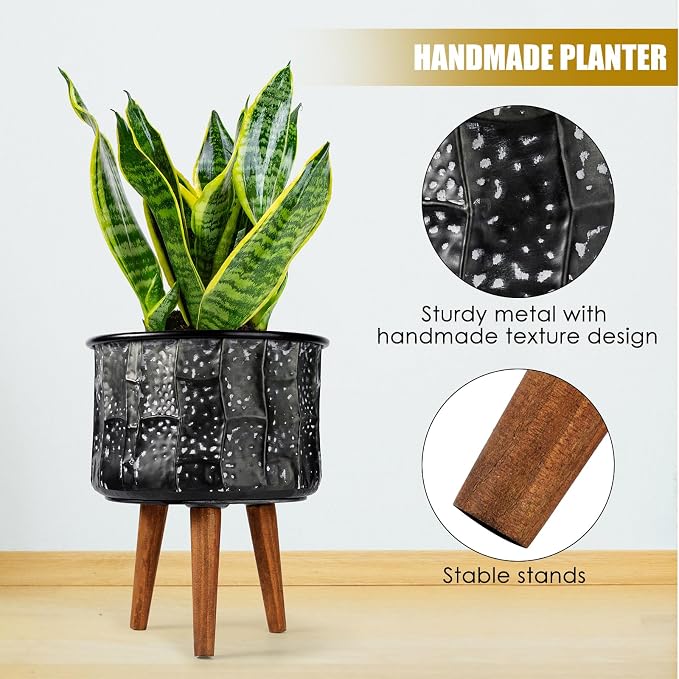 Harvest Land Plant Pots with Stand, Set of 2 Large Modern Planters Metal Tall Handmade Flower Pots with Drainage Holes Indoor Outdoor,Grey
