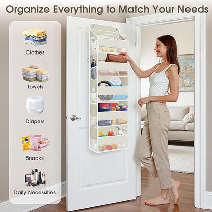SpaceHacks 1 Pack Over The Door Organizer, Hanging Storage Organizer with Clear Window, 40lb Ultra Sturdy Large Capacity Room Organizer for Pantry Bathroom Nursery Closet Baby Essential (Beige)