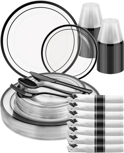 Goodluck 175 Piece Black Plastic Plates, Clear Plastic Silverware Disposable Plates Set, Include 50Plates, 25Pack Pre Rolled Napkins with Silverware, 25Cups for Party, Wedding, Graduation