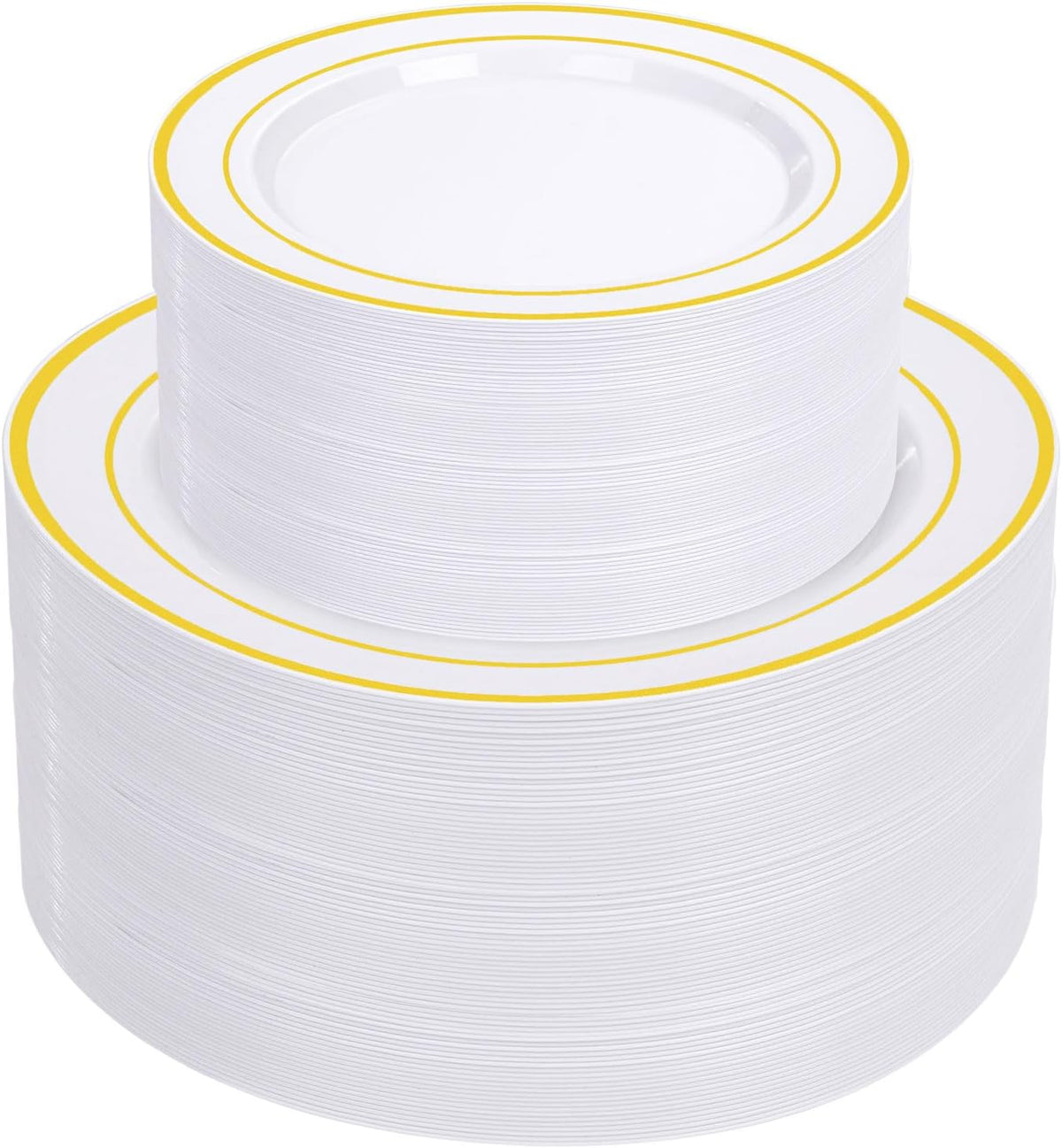 Supernal 102pcs White and Gold Plastic Plates Disaposable Party Plates White Gold Rim Heavy duty, Fancy Gold Plastic Dinnerware Set included 51 Dinner & Dessert Plates for Party,Birthday and Wedding
