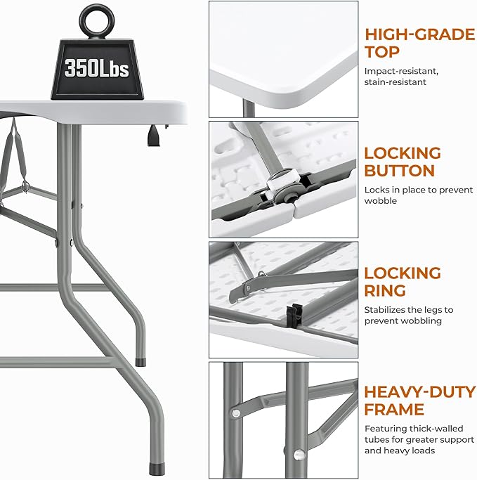 8Ft Foldable Table Portable Plastic Folding Table with Safety Locks, Lightweight & Durable for Parties, Dining, Weddings, Events, Picnics,Indoor & Outdoor Use (White, 8FT)