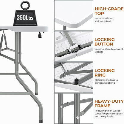 8Ft Foldable Table Portable Plastic Folding Table with Safety Locks, Lightweight & Durable for Parties, Dining, Weddings, Events, Picnics,Indoor & Outdoor Use (White, 8FT)