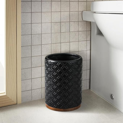 RQYIXI Elegant Bathroom Accessories Set 6 PCS Ceramic and Wood Bathroom Accessory Set Soap Dispenser Toothbrush Holder Tumbler Soap Dish Tray Trash Can Easy to Clean Quatrefoil Pattern Black