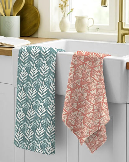 Miss Adola 2 Pack Flour Sack Kitchen Towels - 16x26 Inch Cotton Dish Towels with Hanging Loop Reusable Geometric Boho Modern Retro Tea Towel Absorbent Dishcloths Home Decor, Botanical Flower
