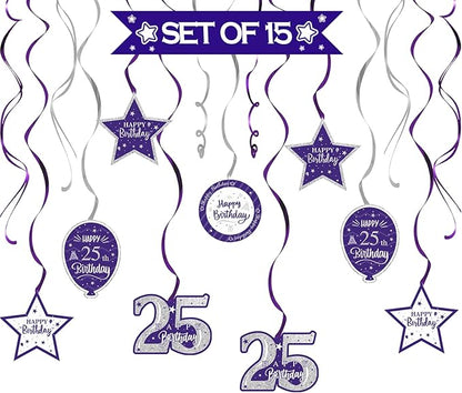 Happy 25th Birthday Purple & Silver Glitter Swirls Streamers Party Decorations - 15 Pcs 25th Birthday Hanging Swirls Streamers Kit,Perfect for 25th Bday Party Sign.