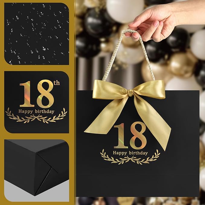JMANNI Black Gold 18th Birthday Gift Bag with Card and Tissue Paper, 12.6"×9.84"×3.9" Elegant Present Bag for Adults, 18 Year Old Birthday Keepsake Party Supplies