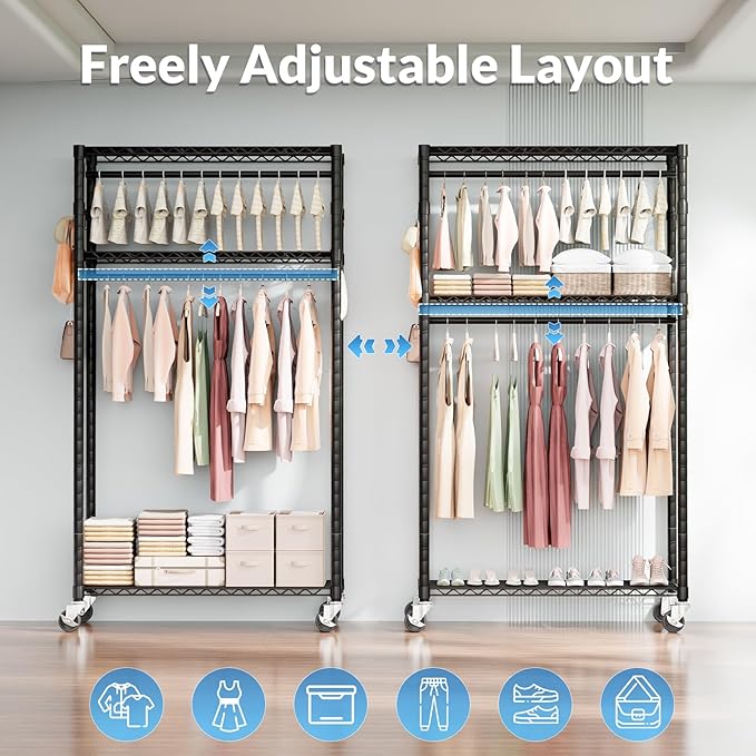Heavy Duty Rolling Garment Rack 3 Tiers with Wheels,Metal Portable Closet Rack,Freestanding Clothes Rack,Closet Organizer System with 23.6" W x 15.7" D x 76" H, Max Load 400Lbs (Black)