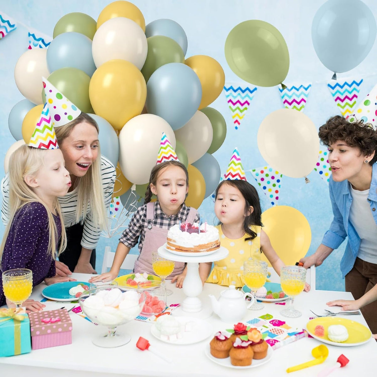 Sage Green Dusty Blue Yellow Balloons, 50PCS 12inch Olive Green Macaron Yellow Mist Blue White Sand Cream Latex Balloon for Birthday Wedding Baby Shower Party Deocrations Supplies