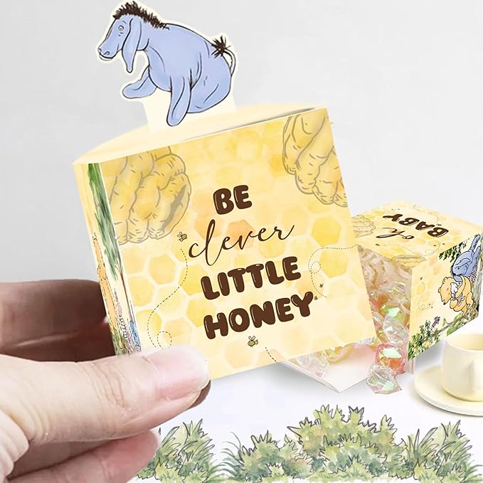 QZCYU 24pcs Winnie Baby Shower Decorations, Pooh Party Decorations, Baby Shower Table Sign Centerpieces, Animal Party Favor Boxes for Baby Showers, Birthdays, and Gender Reveals