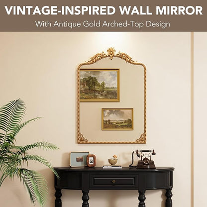 Arched Gold Carved Wall Mirror - 40''x28'' Vintage Gold Large Baroque Wall-Mounted Mirror - Iron Frame with Beaded Trim - Antique French Ornate Mirror for Entryway/Hallway/Fireplace/Bathroom