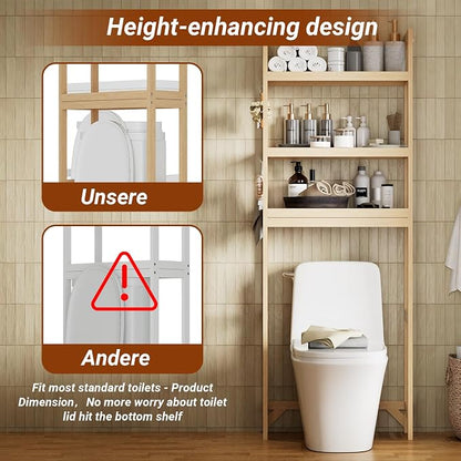 Over the Toilet Shelf, 3-Tier Over Toilet Storage Cabinet with Adjustable Shelves and 4 Hooks, Freestanding Wood Bathroom Organizer Space Saver for Small Bathrooms, Oak