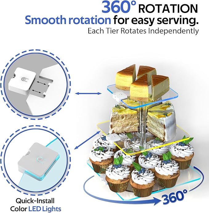 3-Tier Rotating Cupcake Stand with LED Lights - 360° Spinning Display Tower for Desserts, Cakes & Pastries - Rechargeable 7-Color Changing Serving Tray for Weddings, Parties & Festive Gatherings (Clear Acrylic)