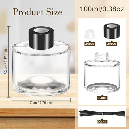 Chunful 20 Sets Reed Diffuser Bottle Empty Refillable Fragrance Glass Diffuser Bottles 100ml Round Glass Jars with Black Caps and Rattan Sticks for Living Room Home Replacement Fragrance DIY Decor