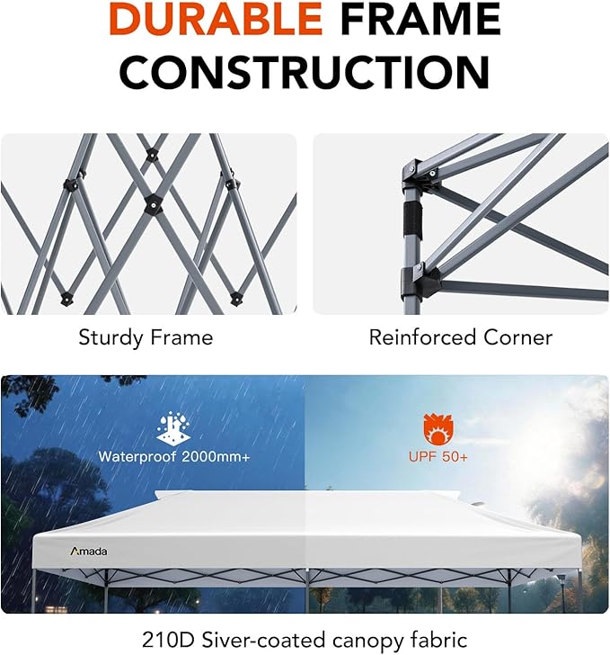 Amada 20x10 Pop Up Canopy Tent - Center Lock One Push Commercial Instant Canopies with 3-Height Adjustable & Wheeled Bag, 12 Stakes 6 Sandbags 6 Ropes, Great for Trade Shows, Events (20x10ft, White)