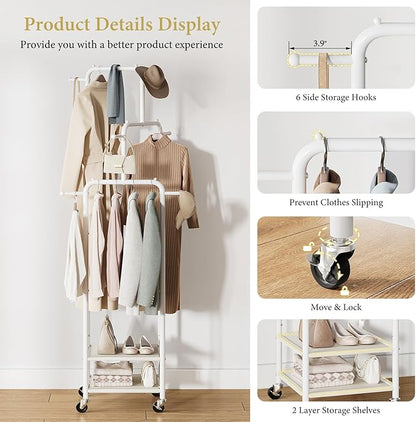 Chrislley Small Clothing Rack With Wheels, 71" Portable Rolling Garment Rack With 2 Shelves and 6 Hooks, 3-Section Different Heights Heavy Duty Metal Clothes Rack For Coats, Shirts, Bags, Shoes, White