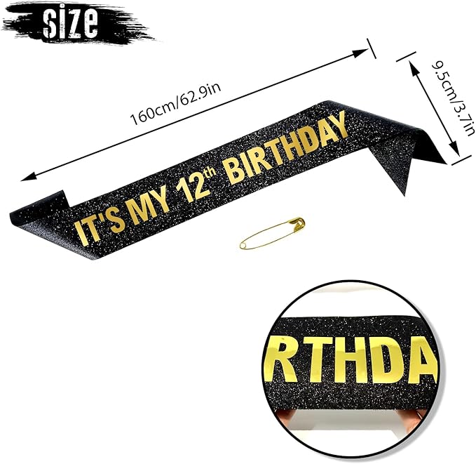 It's My 12th Birthday Sash for Boys Girls, Black Glitter Sash with Gold Foil