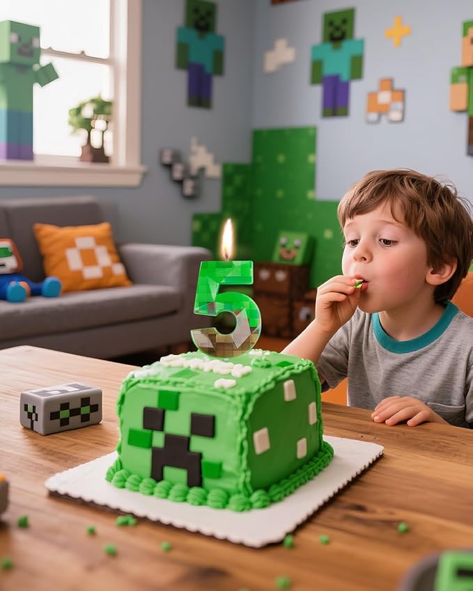 Pixel Birthday Candle, 2.68 Inch Miner Number Candles, Game Themed Candle Birthday Decoration for Pixel Theme Birthday Anniversary Dynamite Video Game Party (Green, 5)