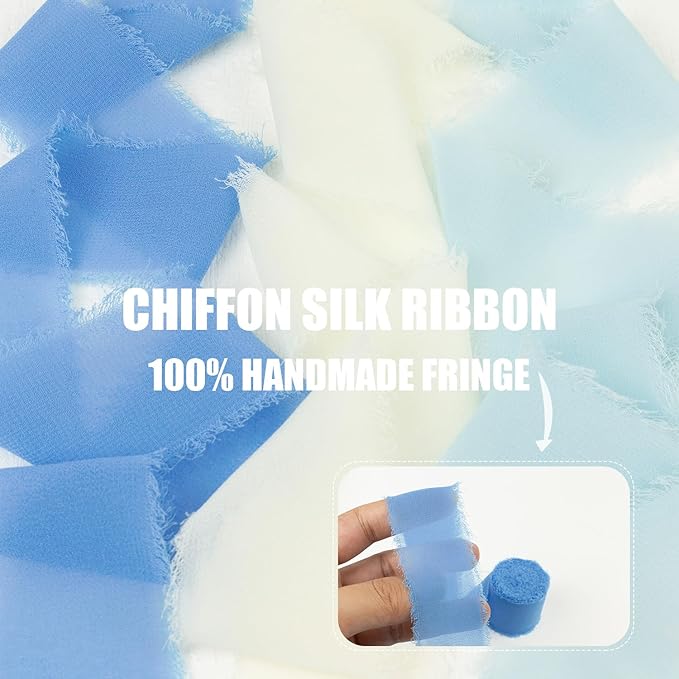 Blue Chiffon Ribbon 1.5 Inch x 21Yds Handmade Fringe Chiffon Silk Ribbon Blue & Cream Frayed Chiffon Ribbon for Baby Shower Wedding Invitation Flower Bouquets Gift Wrapping