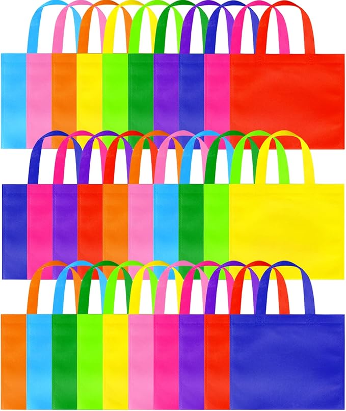 GITMIWS 60 Pieces Non-Woven Party Tote Bags - 9.8'' x8.3'' Reusable Gift Bags, 10 Colors Rainbow Tote Bag Foldable Shopping Bags with Handles for Kids Birthday Party Supplies Snacks DIY Painting