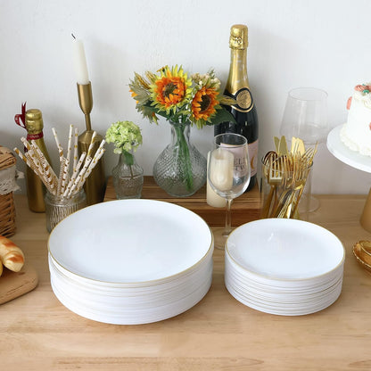 Moretoes 100PCS White Gold Plastic Plates Disposable,Party Plates White with Gold Rim, 10.25inch Dinner Plates and 7.5inch Dessert Salad Plates Heavy Duty Plates for Wedding Party and Birthday