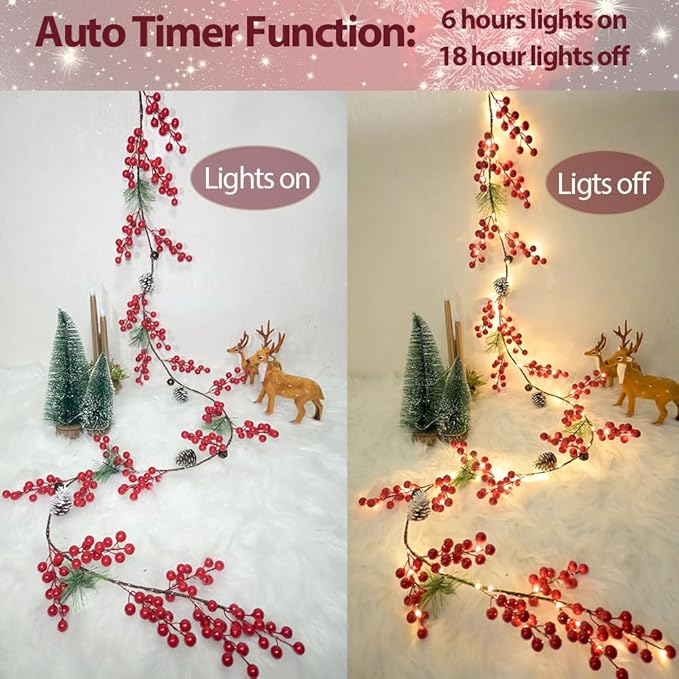 6.56FT Christmas Garland Decorations Red Berry Garlands with Lights 96 Fairy LED Lights Lighted Pine Garland for Mantle Fireplace Table Stairs Railing Xmas Tree Indoor Outdoor Winter Holiday Decor