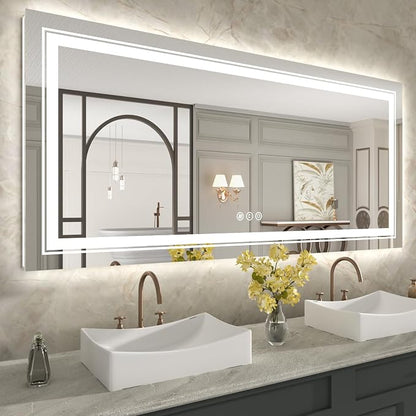 WTTY LED Bathroom Mirror 60"x28" with Back and Front Light,Modern LED Mirror for Bathroom,Stepless Dimmable Lighted Bathroom Vanity Mirror with Anti-Fog,Memory Function,Shatter-Proof