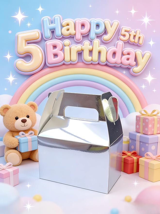 XAGLVV 24 Pack Silver Paper Gable Boxes with Handles, Treat Goodie Party Favor Gift Box for Wedding, Birthday, Baby Shower, Graduation