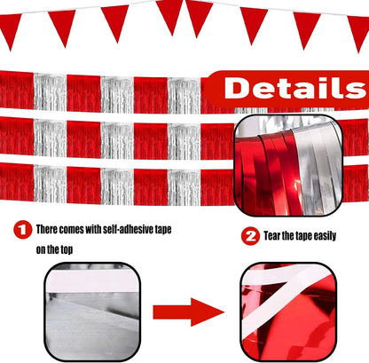 6 Pack 10 Feet Red Silver Foil Fringe Garland Metallic Tinsel Streamers Banner Wall Hanging Curtain Backdrop Banner for Parade Floats, Thanksgiving, Christmas, Birthday, Halloween Party Decorations