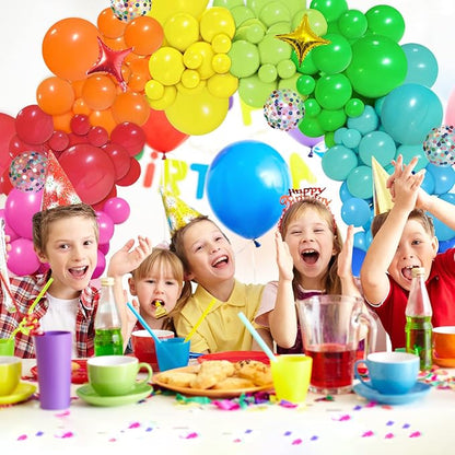 PERPAOL 146pcs Rainbow Balloon Arch Kit, 12 Assorted Multicolor Balloons for Birthday Party, Anniversary, Festival, Carnival Circus Decoration with Star Foil Confetti Balloons