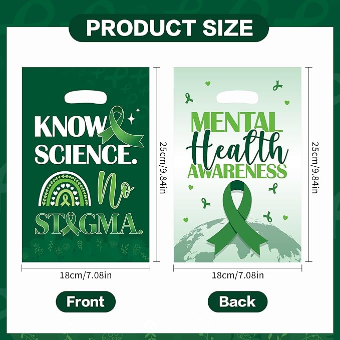 MOIZYNG 50Pcs Mental Health Awareness Gift Bags with Handles, Know Science No Stigma Mental Health Plastic Candy Treat Goodie Bags for Counselor Office Classroom Party Favors