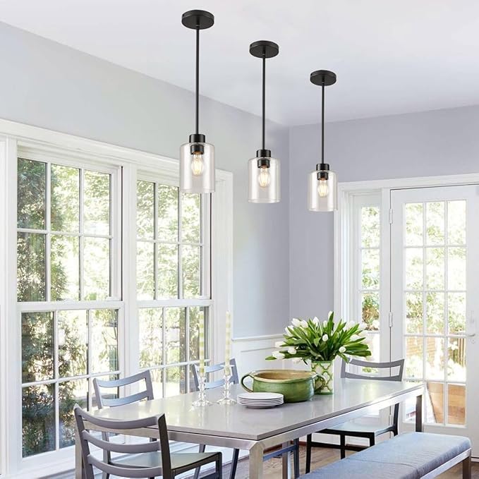 Black Pendant Lights Kitchen Island - Seeded Glass Pendant Light Fixture Multiple Stems Rods (3 Pack with Rod seeded Glass)