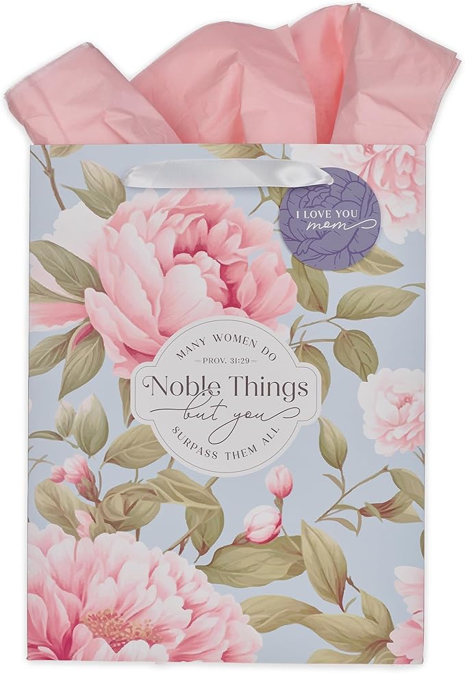 Christian Art Gifts Large Portrait Inspirational Scripture Gift Bag, Tag & Wrapping Tissue Paper Set for Moms: Noble Things Encouraging Bible Verse, Cute Sturdy Satin Ribbon Handles, Blue/Pink Floral