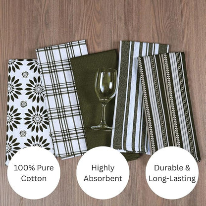 Assorted Kitchen Towels Set of 5-100% Cotton Dish Cloths Towels with Hanging Loop - Soft, Absorbent & Washable for Kitchen Use - Quick Drying Dish Towels 16x26 Inch Green