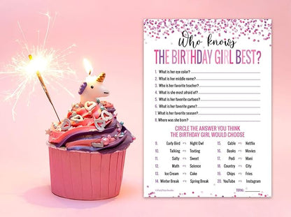 30 Who Knows The Birthday Girl Best Game Cards- for Child or Teen- Fun and Easy Game for Party or Sleepover- Girl Birthday Supplies, Activity, Decorations