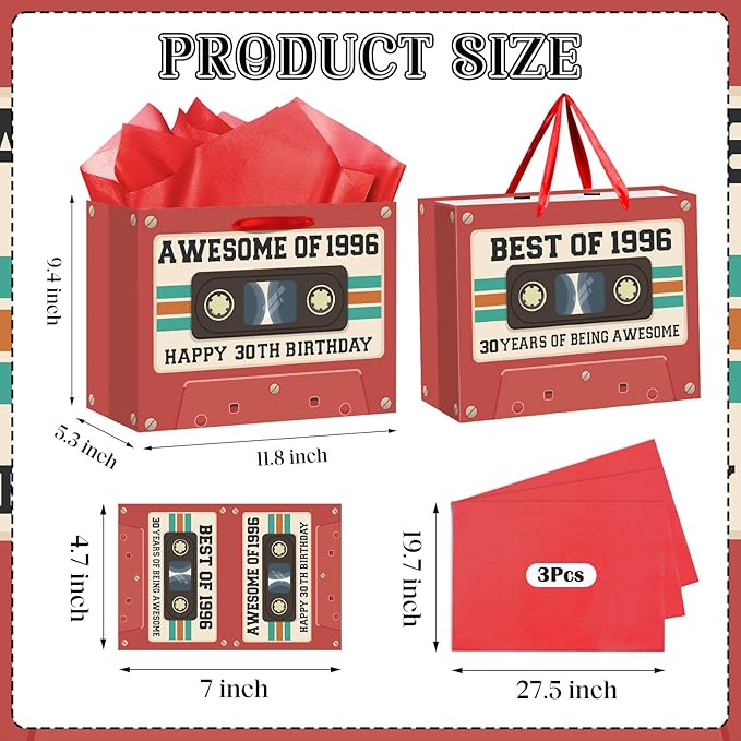 30th Birthday Gift Bag for Men Women Retro Tape 1996 Birthday Party Favor Bags with Tissue Paper and Greeting Card Vintage Cassette 30 Years Old Gift Wrapping Bag Decorations for Mom Dad Friends Gifts